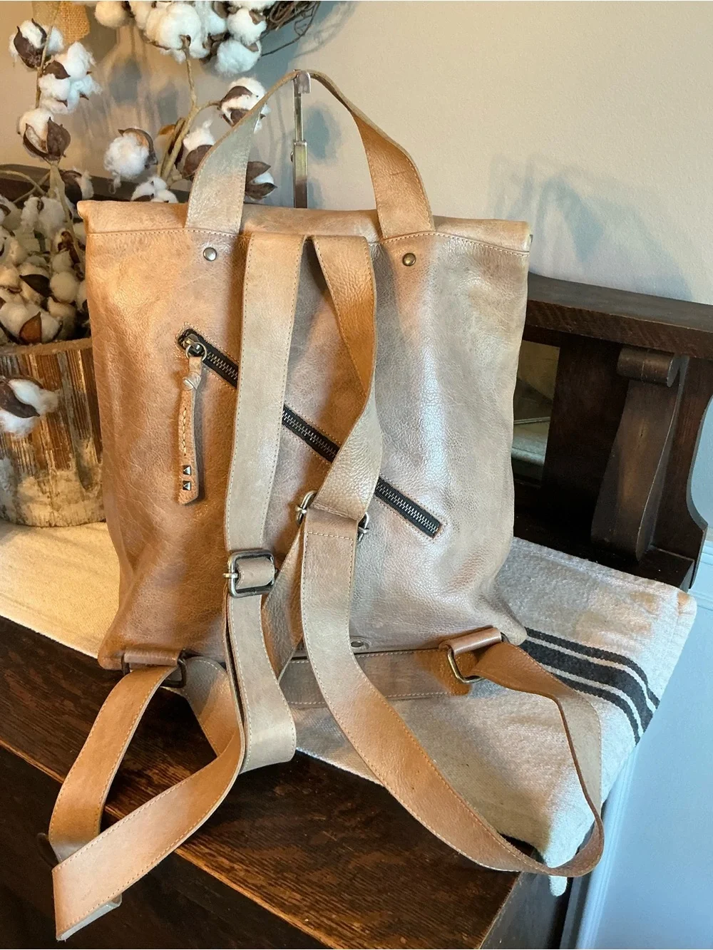 Bed Stu Leather Howie Flapover Leather Backpack Lt Gray Glove Brown $365